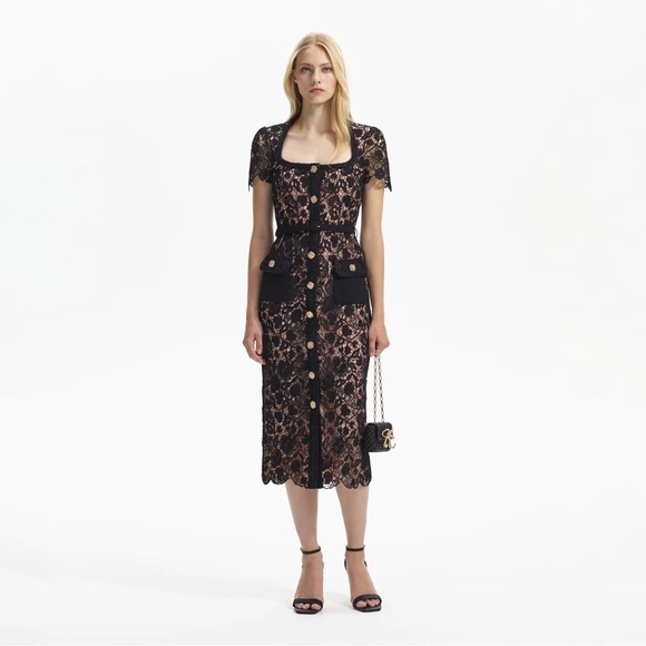 Self-Portrait Black Cord Lace Gold Buttons Mini Dress with Belt UK6/US2 NWOT